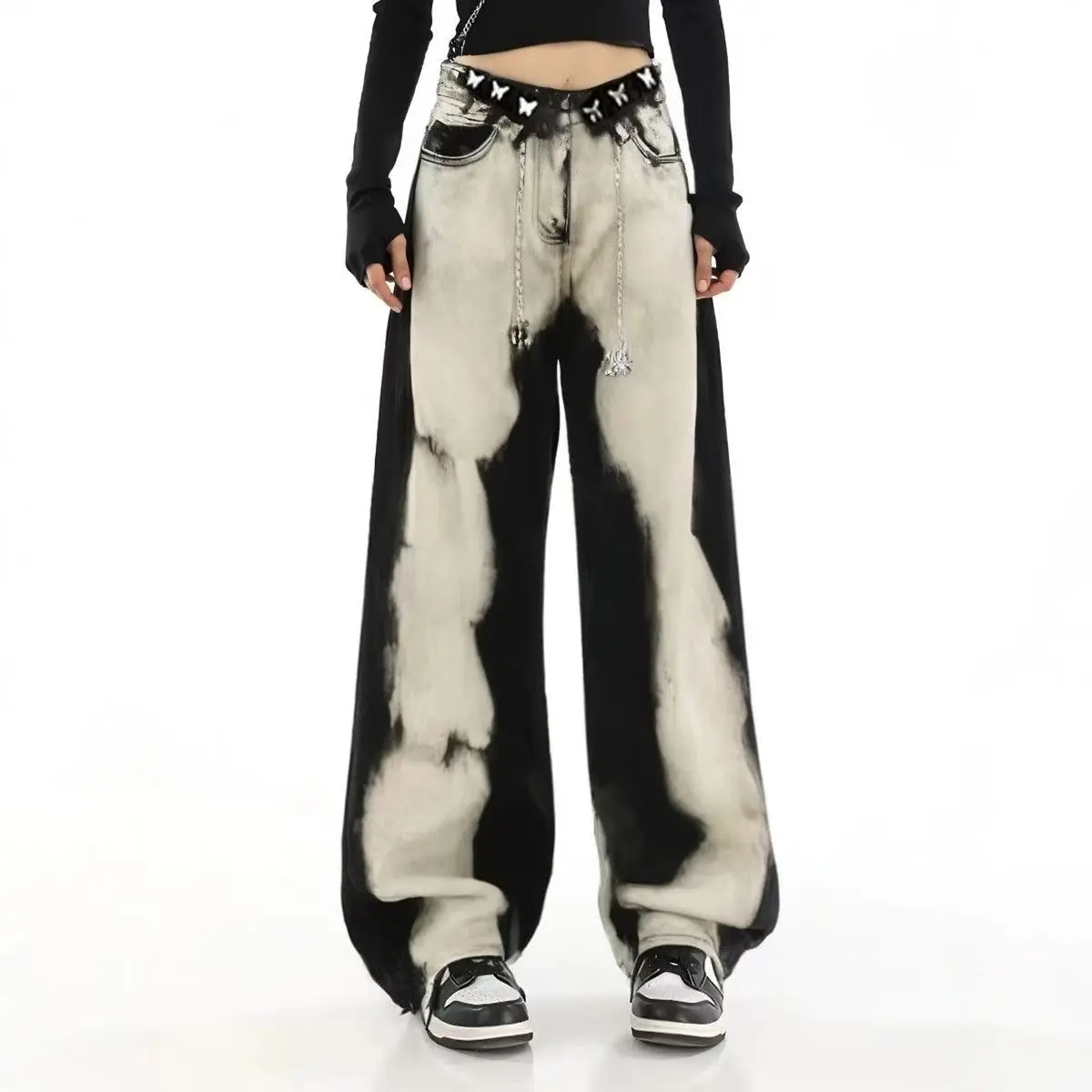 Women Plus Size Jeans Wasteland Style Tie-dye Contrast Pants Loose Straight Lapel Design Wide Leg Pants