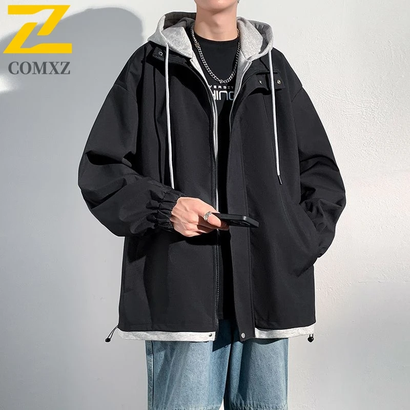 

COMXZ 2025 Men Fake Two Piece Hooded Jacket Autumn Windproof Loose Fit Couple Trendy Casual Lightweight Coat