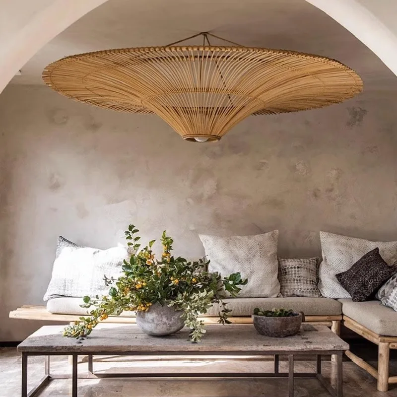 Vintage Rattan Pendant Lamp Wabi Sabi Wicker Chandelier For Living Room Restaurant Shop Decor Wood Handmade Straw Hat Chandelier