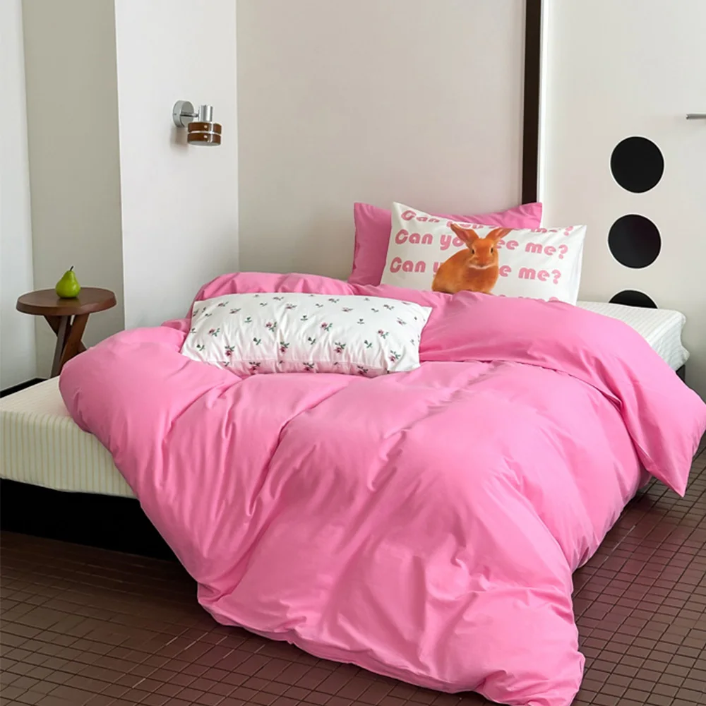 INS Pink Series 100% Cotton Duvet Cover set Pillow Case Bed Sheet Solid Color Quilt Covers Boy Girl Bedding Linen Set King Queen