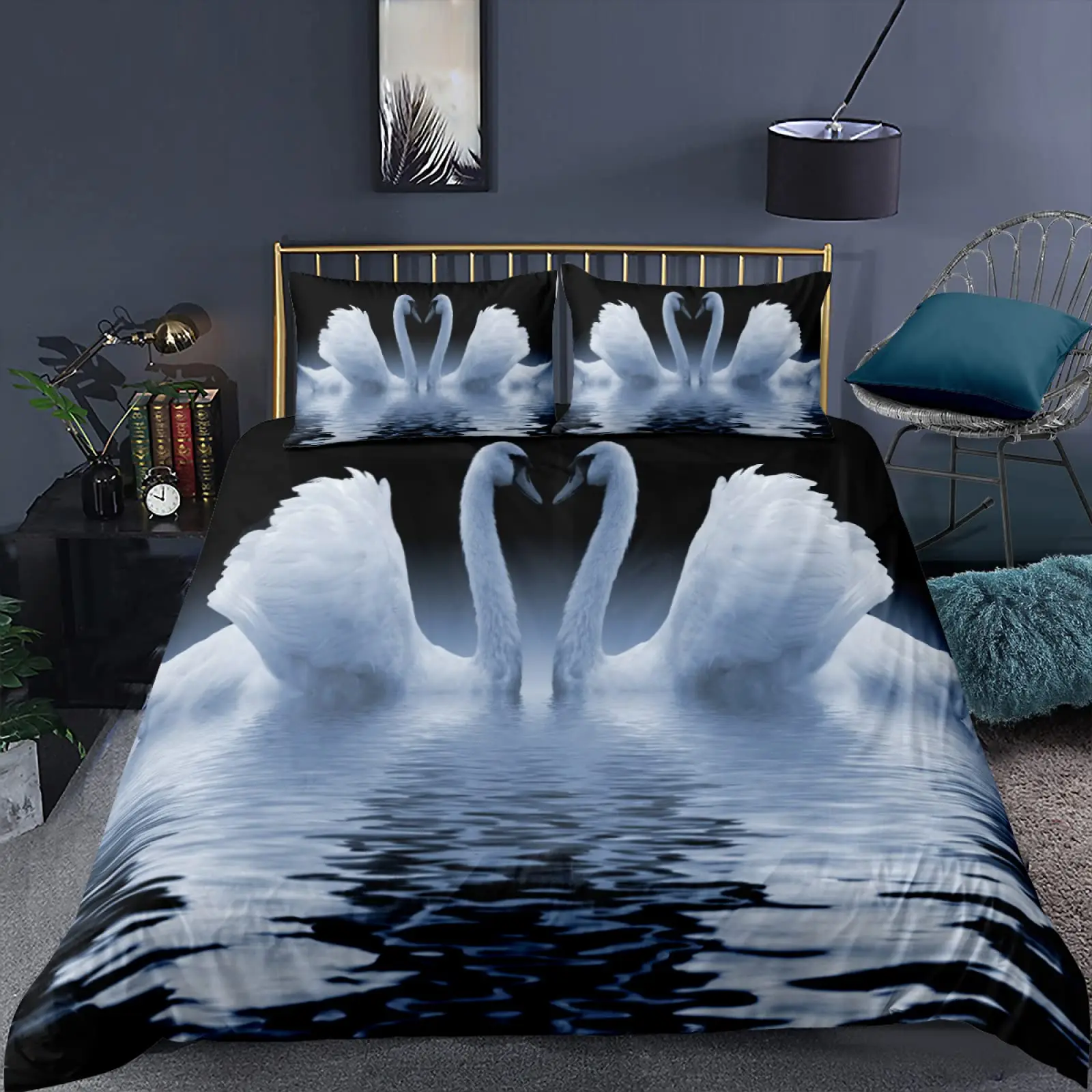 Imagem -03 - Swan Duvet Cover Conjunto White Swan Lake Cobertor Twin Ocean White Swan Polyester Bedding Conjunto para Casal Presente Dia dos Namorados