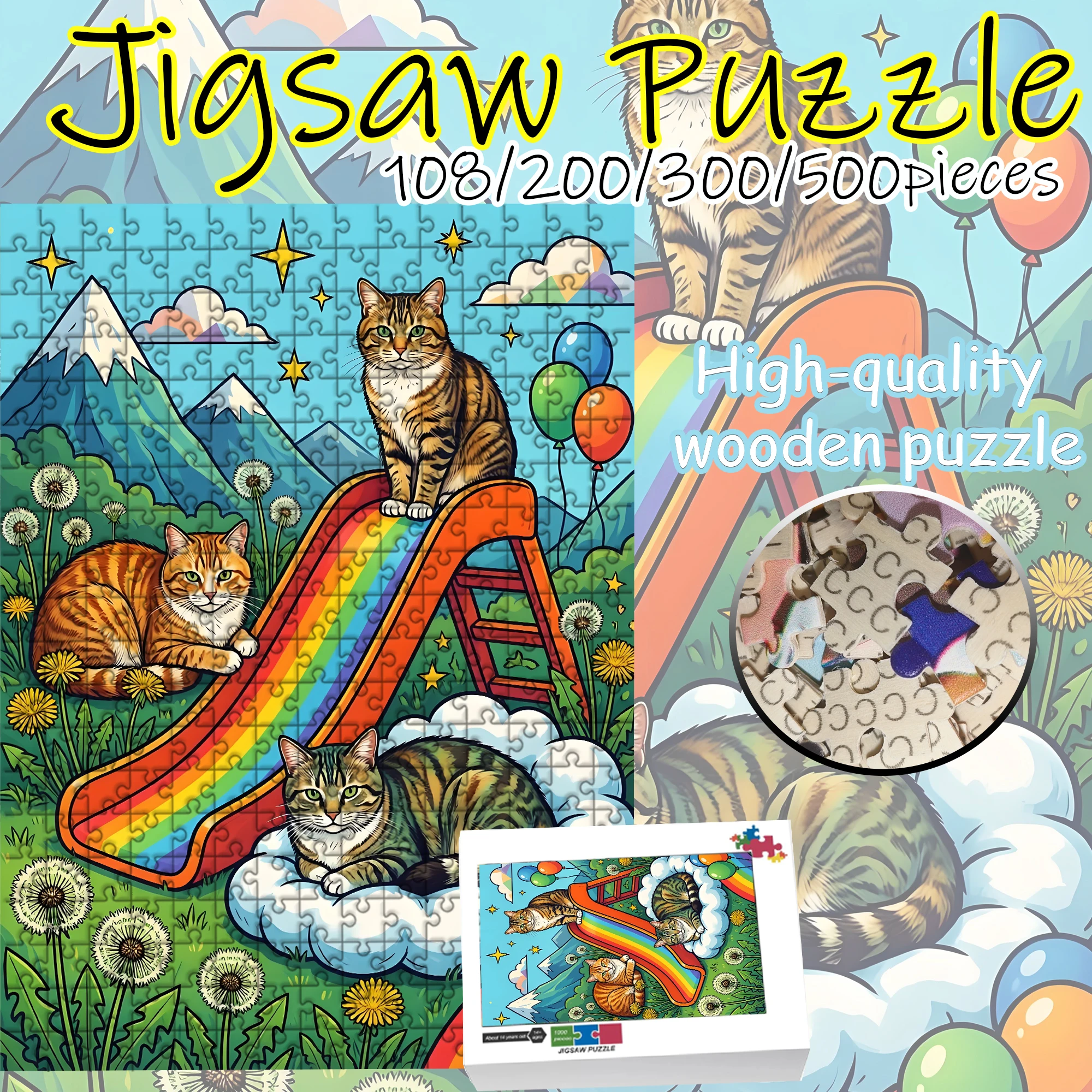

Creative Cartoon The cat on the slide Jigsaw Puzzle 108/200/300/500 Pieces Wooden Puzzle High Quality Gift Fun Party Game