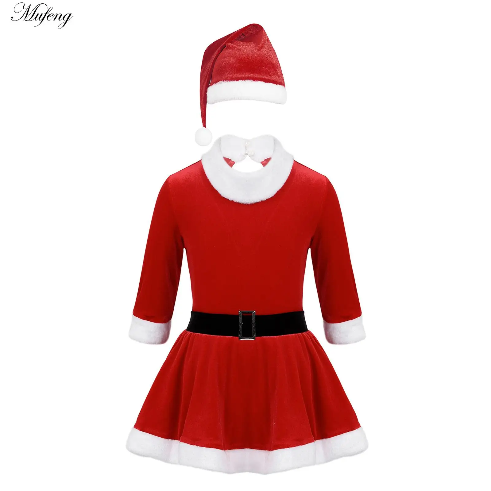 Kids Girls Christmas Costume Santa's Claus Elf Dress + Xmas Hat Holiday Costume Outfit Skating Roller Festive Fancy Party Dress