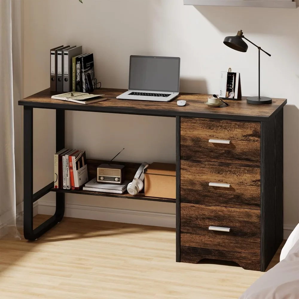 

Small Desk with 3 Drawers, 47 Inch Computer Desk with Drawers & Bottom Shelves for Bedroom, Home Office Desk with Storage File C