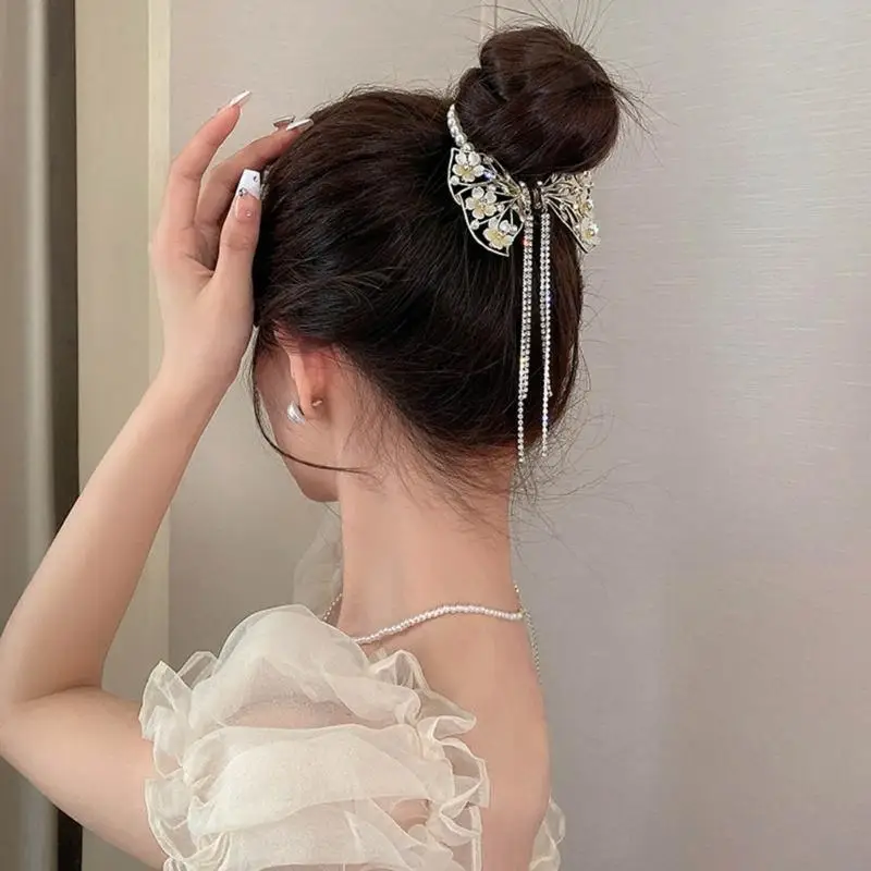 H58E Bowknot Fringes Pills Head Ponytail Buckle Rhinestones Women Hairpin Stylish Headdress Hairband Bows Hairs Accessory