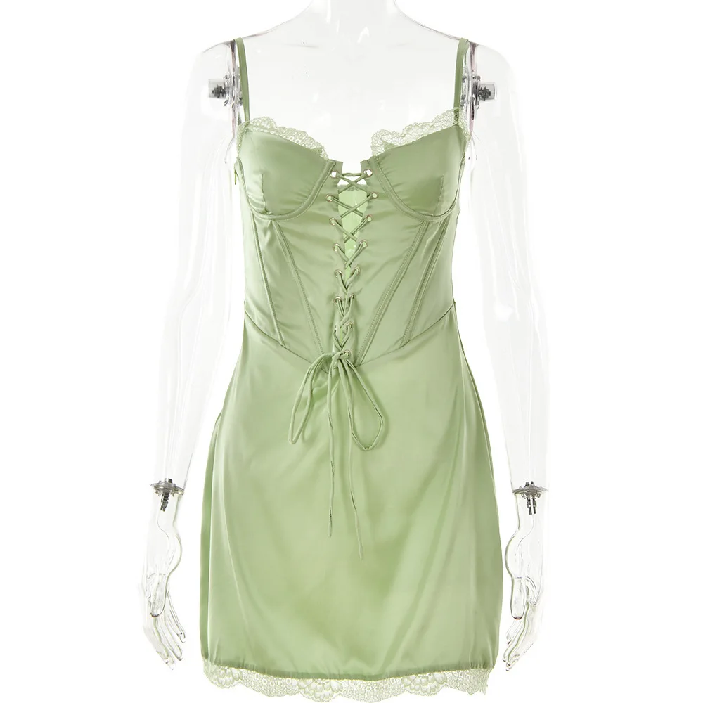 2025 Lente/Zomer Nieuwe Sexy Spaghetti Band Voor Vrouwen Mode Hot Koop Kant Tie Backless Taille-Knipperende Bodycon jurk