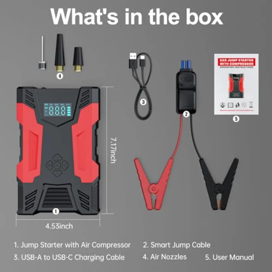 بادئ تشغيل السيارة المحمول مع ضاغط الهواء لتعزيز بطارية السيارة في حالات الطوارئ وتضخم الإطارات 3000A قفز عالي السعة B #6