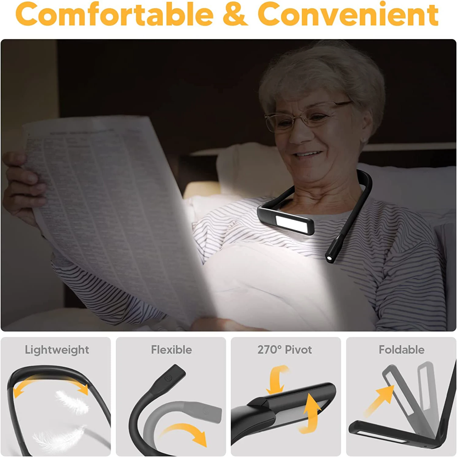 Luz LED de lectura para el cuello con Sensor de movimiento, luz de libro para leer en la cama, lámpara de escritorio recargable para reparar, tejer, acampar