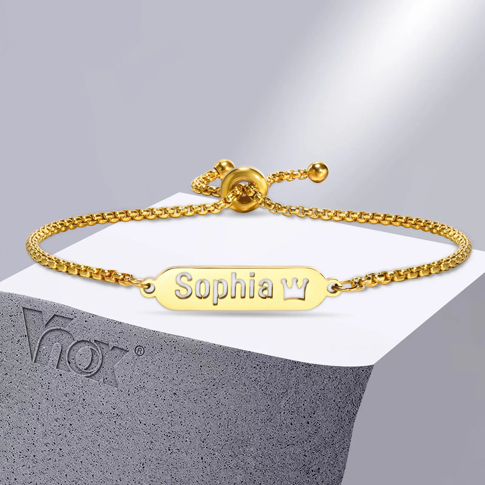 

Vnox Customize Name Bracelets for Women Girls, Personalized Gold Plated Stainless Steel Nameplate,Adjustable Box Chain Wristband