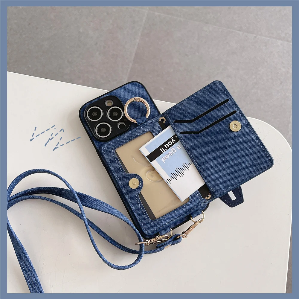 Fashion Card Pocket Wallet phone Case For Apple iPhone 15 pro 14 11 12 13 Pro Max cases denim Leather Anti-fall Wrist band Cover