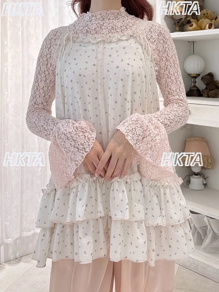 

Japanese Turtleneck Flower Flared Sleeve Long-sleeve T-shirt Lolita Girls Sweet Stacked Tshirt Autumn New Lace Bottoming Shirt