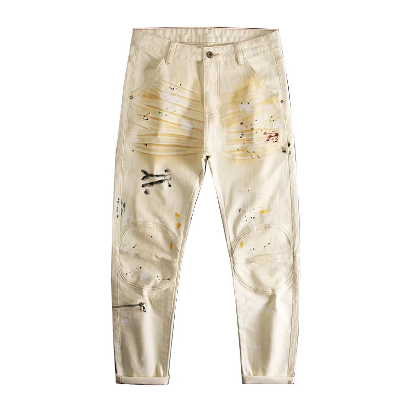 Graffiti splashed ink patchwork jeans men's beige high street cool casual fashion elastic zipper slim fit small leg pants