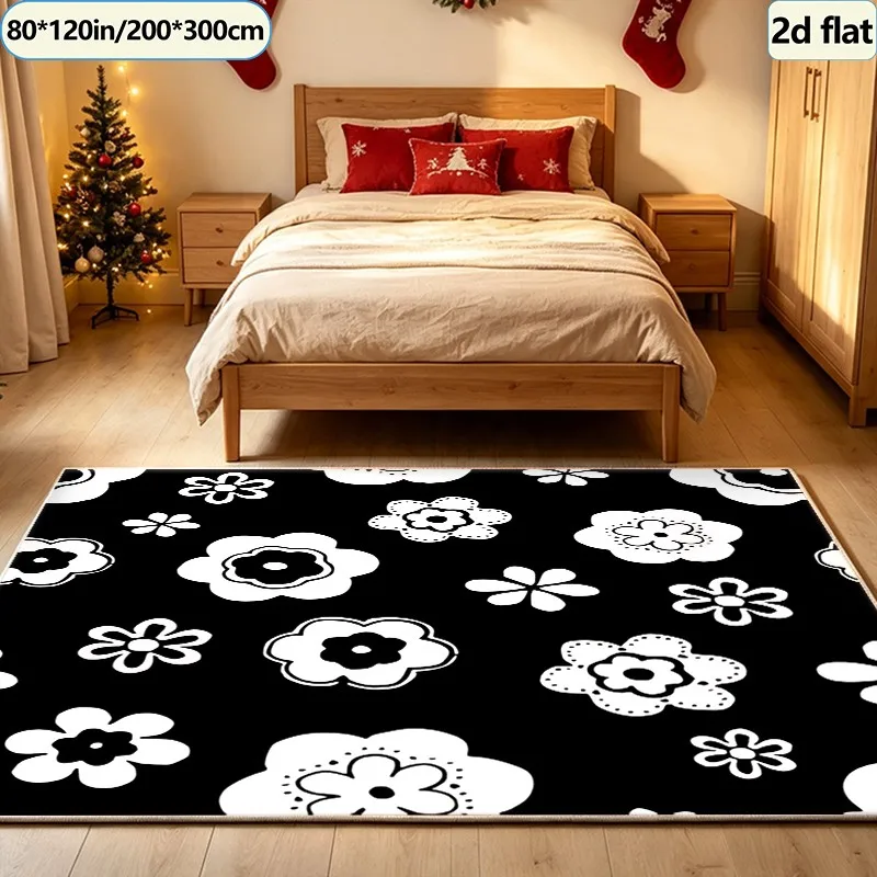 Black and White Hand-Painted Floral Print Carpet, Simple Ethnic Style Carpet, Suitable for Living Room and Bedroom Interior Decoration