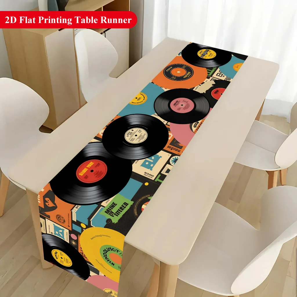 Retro Vinyl Music Record Image Table Runner - Rectangular Table Cover for Banquet, Party Gifts, Dining & Coffee Table Decor