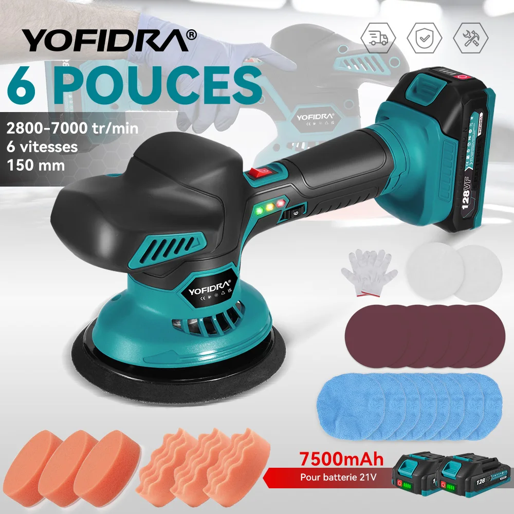 YOFIDRA 150MM 7000 tr/min polisseuse de voiture électrique 6 vitesses sans fil polissage automatique cire de ponçage outil électrique pour Makita 18V batterie broche