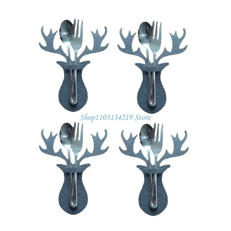 N5KC 4 Pcs Christmas Tableware Holder Elk Decor Silverware Pockets Knife and Fork Bags Dinner Tableware Decoration view 5