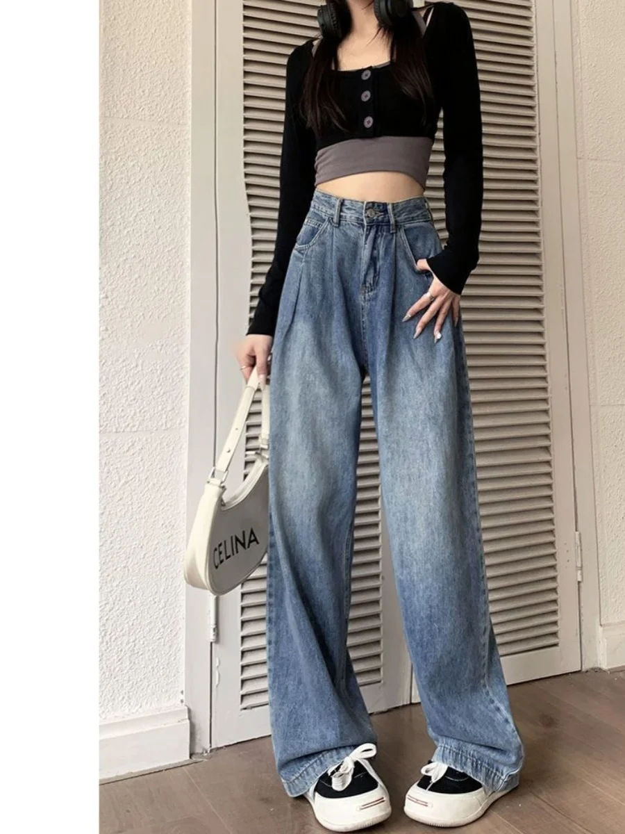 

High Waist Straight Leg Jeans Women's plus Size Slimming Pants Cement ey Wide Leg Trousers Spring Autumn New Sle