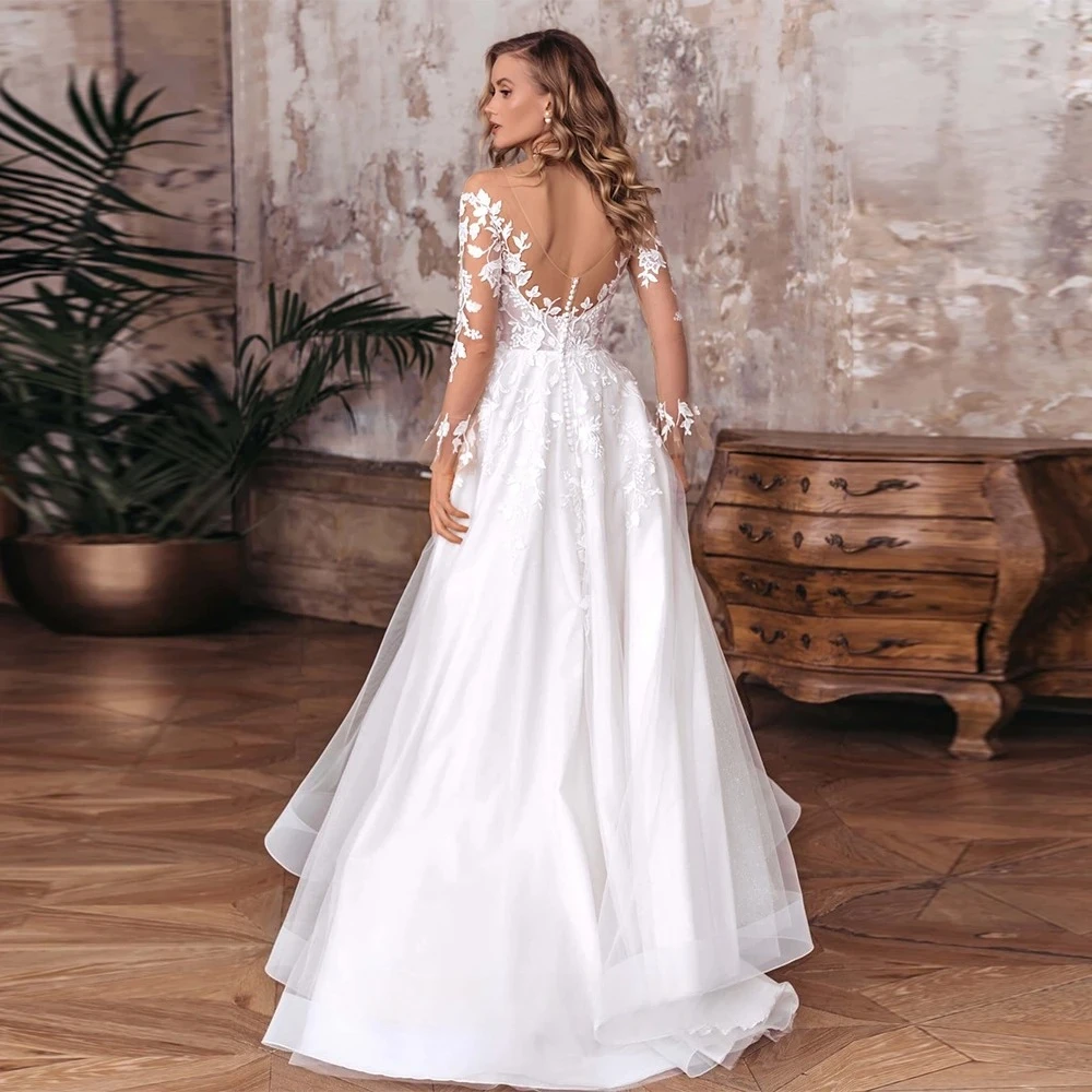 Customized Elegant A-line Long Sleeved Wedding Dress Modern Side Slit Organza Dress Embroidered Suspender Style Wedding Dress