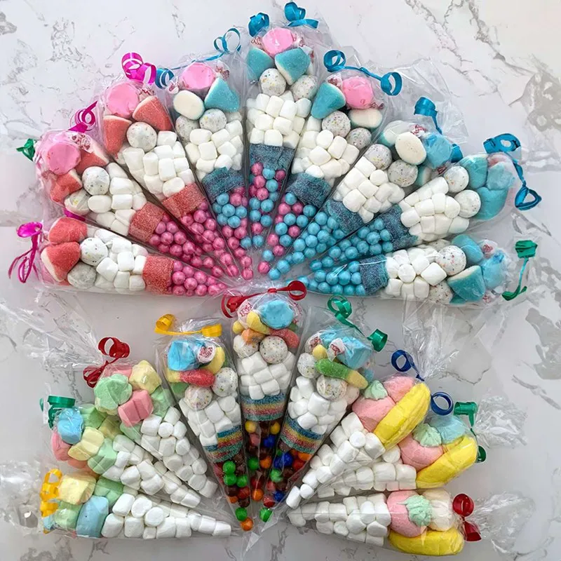 Bolsas de celofán transparente para golosinas, bolsas de dulces artesanales con lazos retorcidos, palomitas de maíz, favores de fiesta, 50/100 piezas