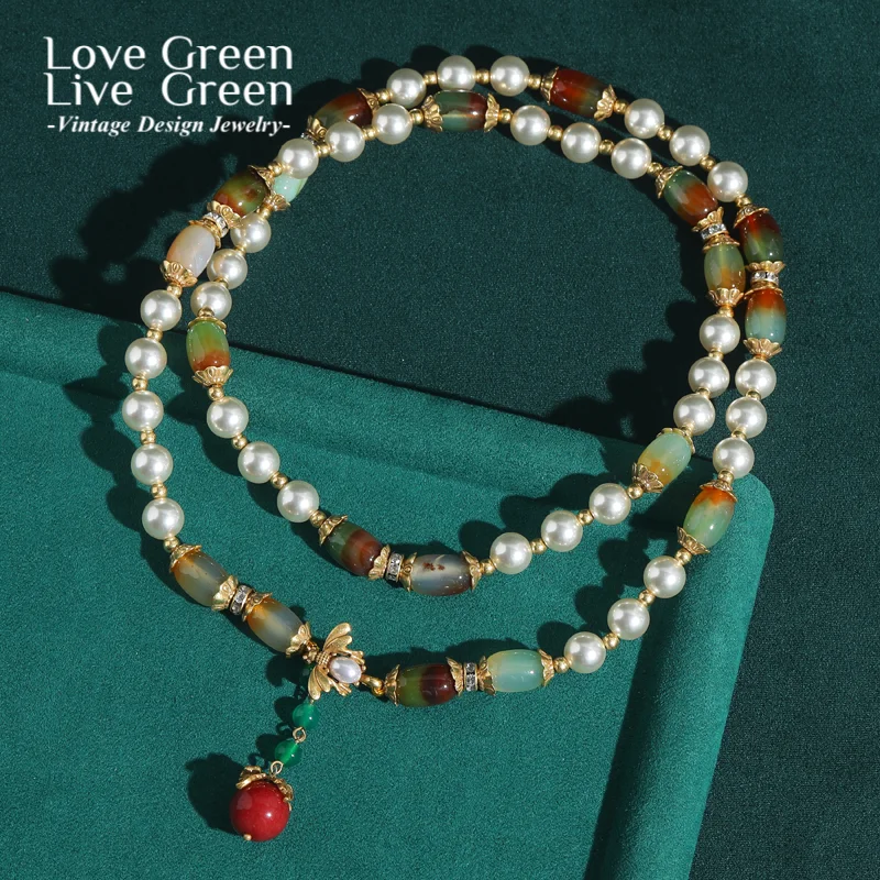 

Vintage Pearl Layered Necklace Statement For Women Long Beaded Bride Green Natural Glass Luxury Designer Jewelry Accessories