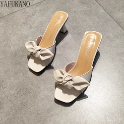 2024 Summer Butterfly-Knot High-Heeled Shoes Slippers Fashion Peep Toe Ladies Mules Elegant Female Outside Slides Sandal Shoes