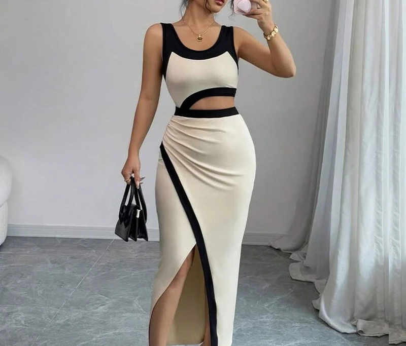

202 New Spring and Summer Fashion Temperament U-neck Slit Bag Hips Open Waist Thin Patchwork Women's Dress