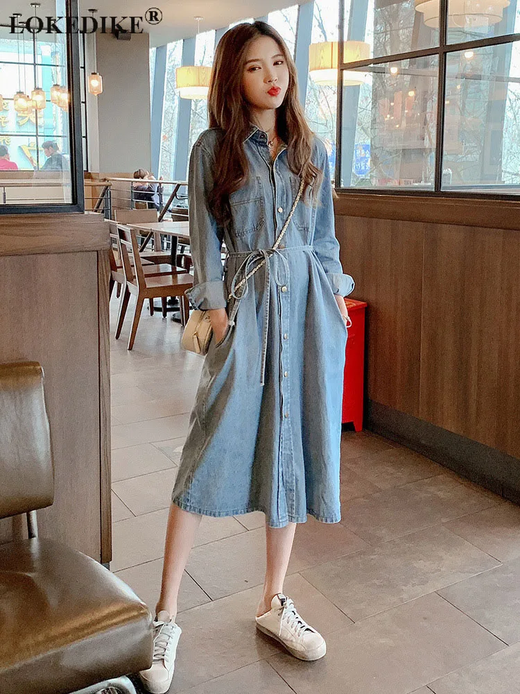 Long Women Denim Dress with Sash 2023 New Spring Summer Long Sleeved High Waist Single Breasted Female Shirt Jean Dresses