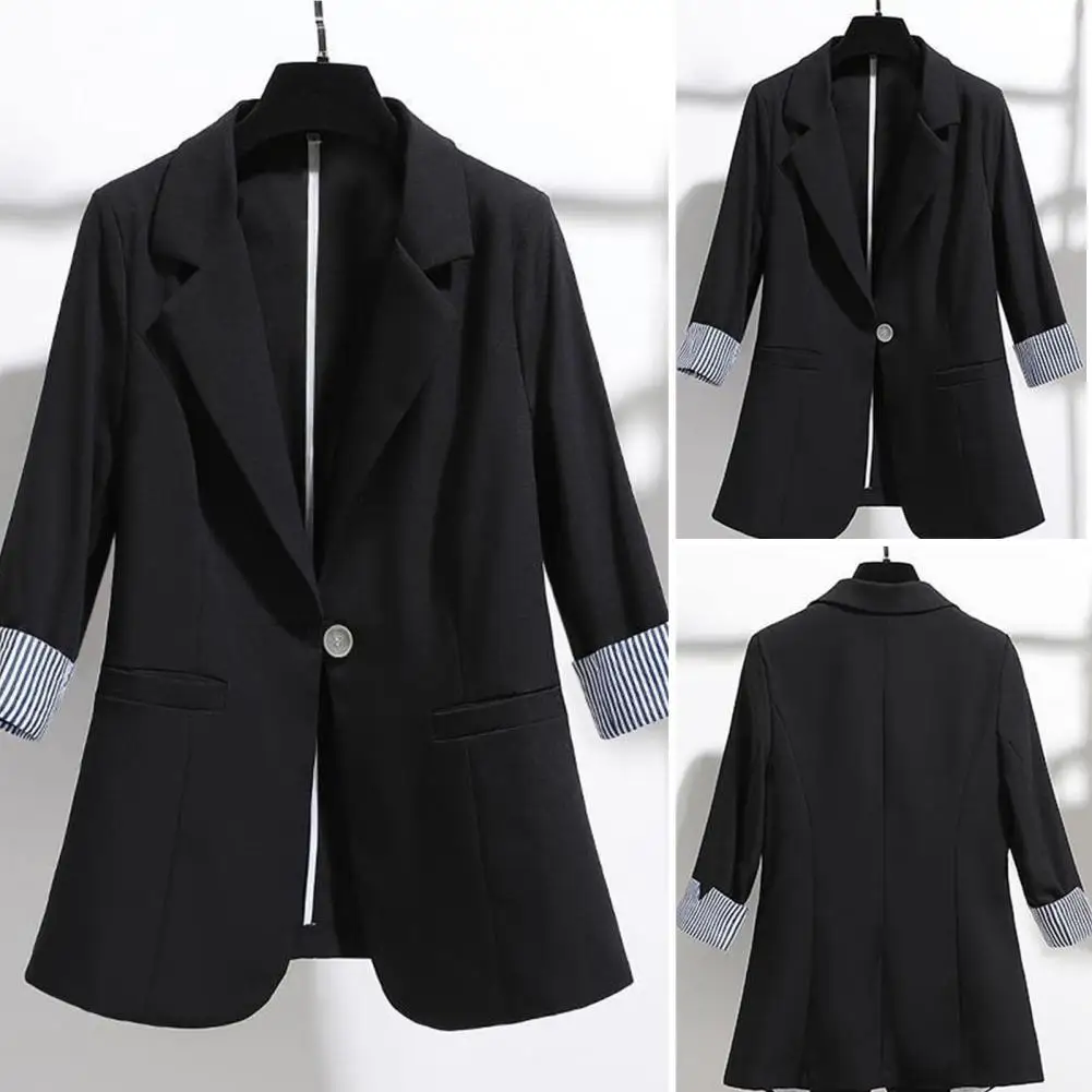 Women Suit Coat Women Lightweight Suit Coat Elegant Lapel Suit Coat with Striped Cuffs Single Button Design for Women Stylish