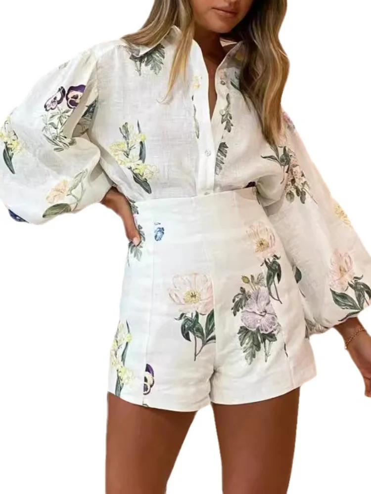 New Women's Two-piece Linen Printed Long-sleeved Shirt High-waisted Shorts Temperament Office Fashion Summer New