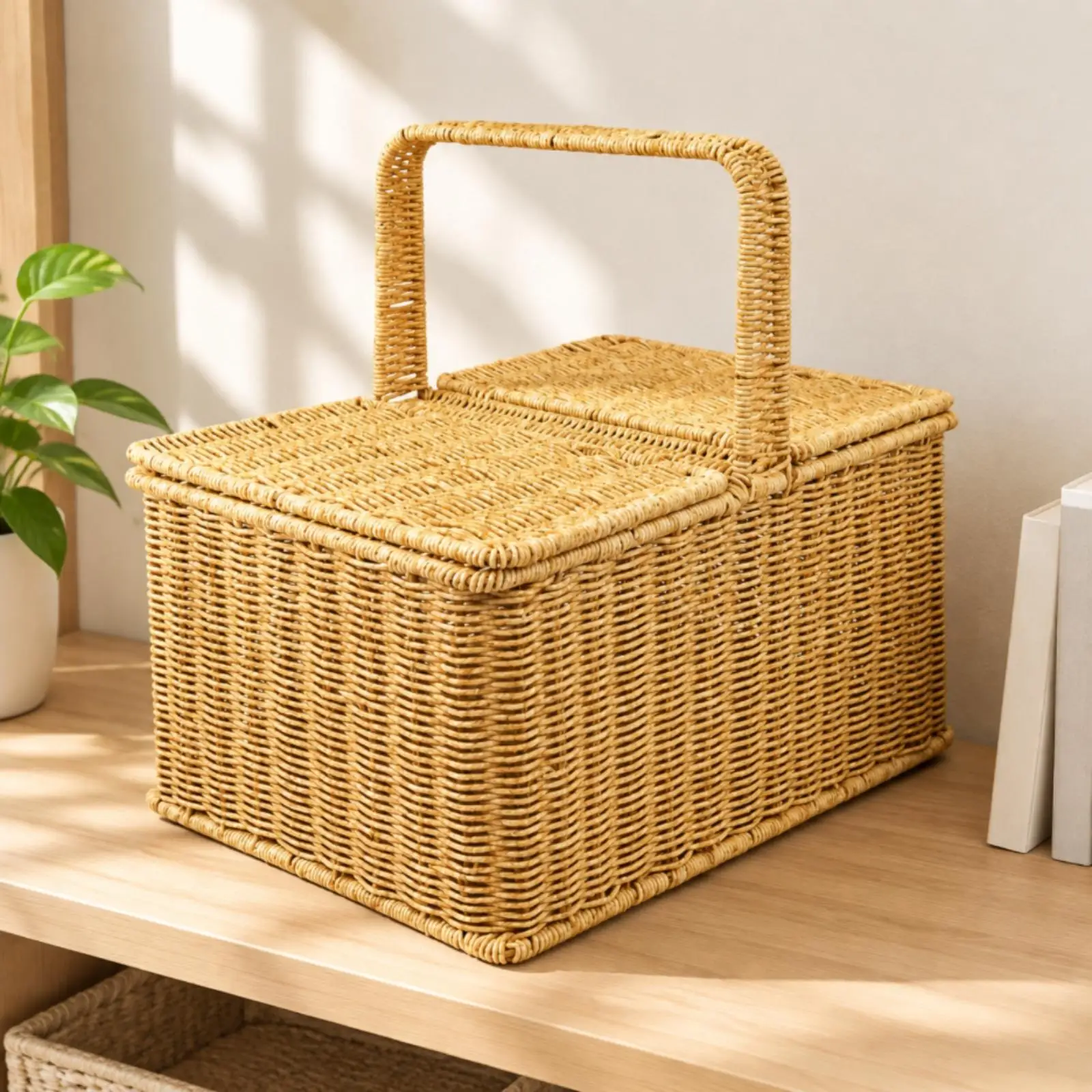 Divided-Lid Woven Basket with Carrying Handle Versatile Rectangular Picnic Basket with Hinged Lid Portable for Outdoor
