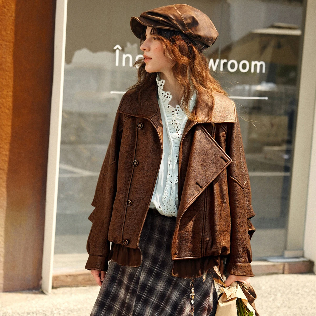 OLrain ميلارد نمط معطف جلد صناعي للمرأة 2025 الخريف جديد فضفاض سترات رجالي واحدة الصدر معاطف قصيرة GO57DW002051