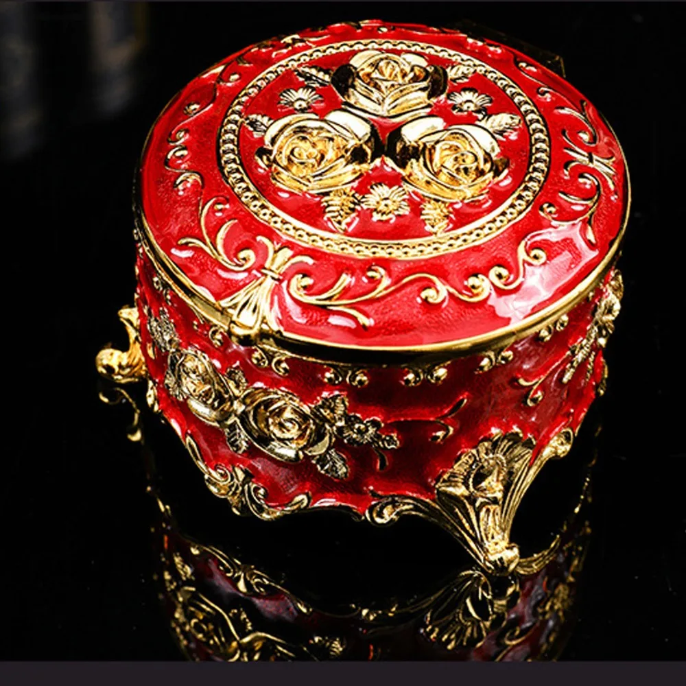Jewelry Boxes Flower Vintage Jewelry Box Round Zinc Alloy Metal Trinket Box Gold Keepsake Box For Ring Earring Necklace
