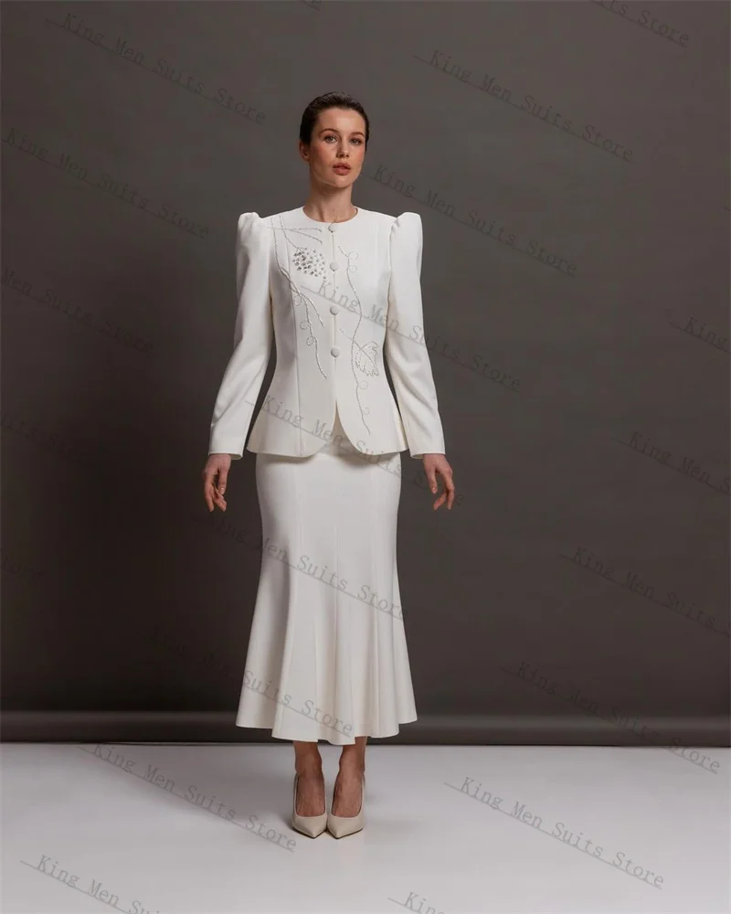 

Crystals White Women Suit Skirt Set 2 Piece Blazer+Midi Prom Dress Customized Autumn Formal Office Wedding Tuxedos Party Coat