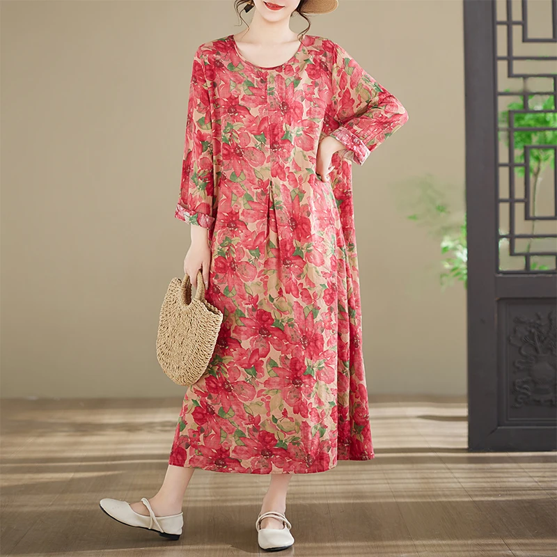 

Long Sleeve Pure Cotton Maxi Dress round Neck Printed Women's plus Size Dress Comfortable Loose Fit Citywalk A-Line Skirt