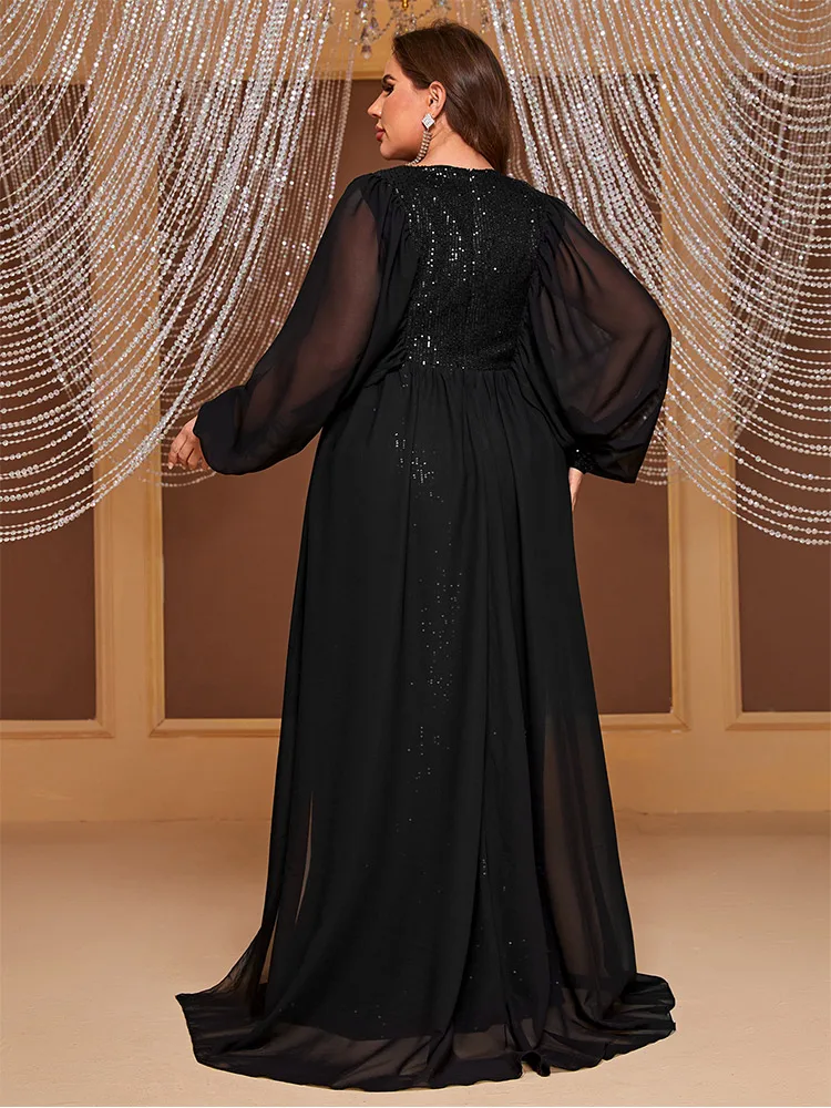 Plus size round neck long sleeve chiffon floor-length shiny evening dress 4XL 5XL Big Size black luxury floor-standing Women