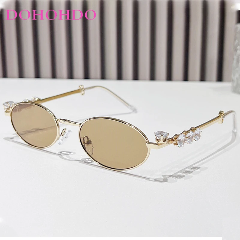 

Luxury Y2K Metal Rhinestone Small Oval Women Sunglasses Brand Designer Driving Cycling Travel Sunglass Men UV400 Lentes Mujer