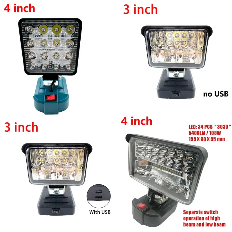 sem Fio Led Spotlight para Makita Luz de Trabalho Lâmpada Interior e Exterior Iluminação de Emergência com Usb Li-ion in 4in