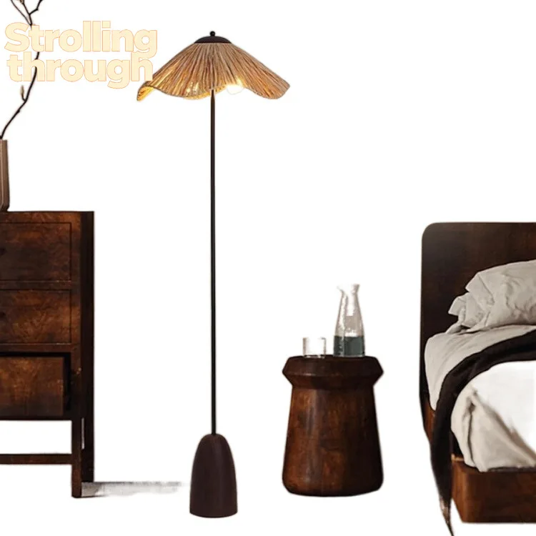 

Romantic art elegant exquisite wabi wind living room retro solid wood straw bedroom chandelier floor lamp ambient light