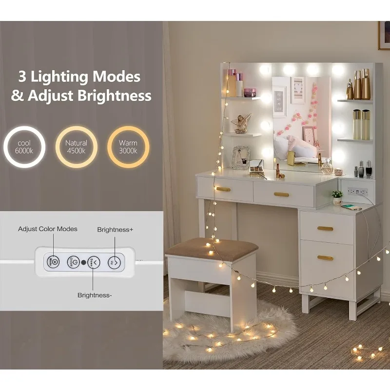 Makeup Vanity Desk Vanity Set with 10 LED Bulbs Lighted Mirror Makeup Vanity Table Set with Charging Station Nightstand image 3