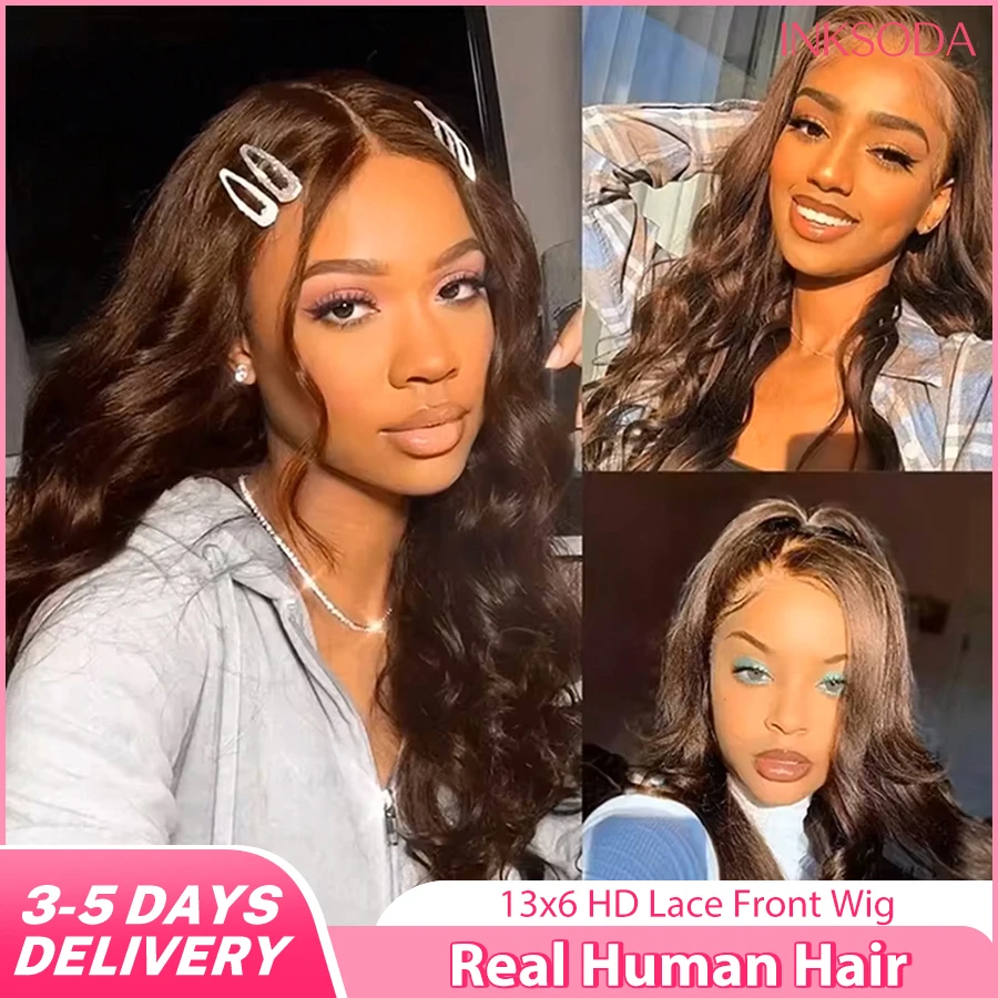 

Шоколадно-коричневый парик из натуральных волос, 220% плотность, с эффектом Body Wave, на кружевной основе, 13x6 HD, с предварительно выщипанными прядями, из бразильских волос