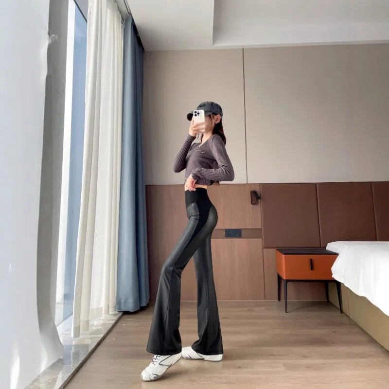 가을 겨울 여성용 얇은 벨벳 약간 플레어드 가죽 바지, 배를 잡아주는 패션 여성용 하이웨이스트 슬리밍 바지