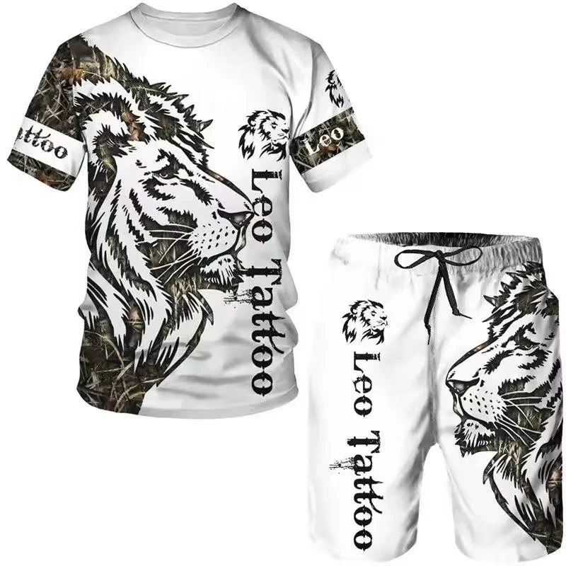 Newest Summer 3D Lion Pattern Printed Suit Men Large Size Casual Fashion Sportswear T-shirt + Shorts Two-piece Breathable Set