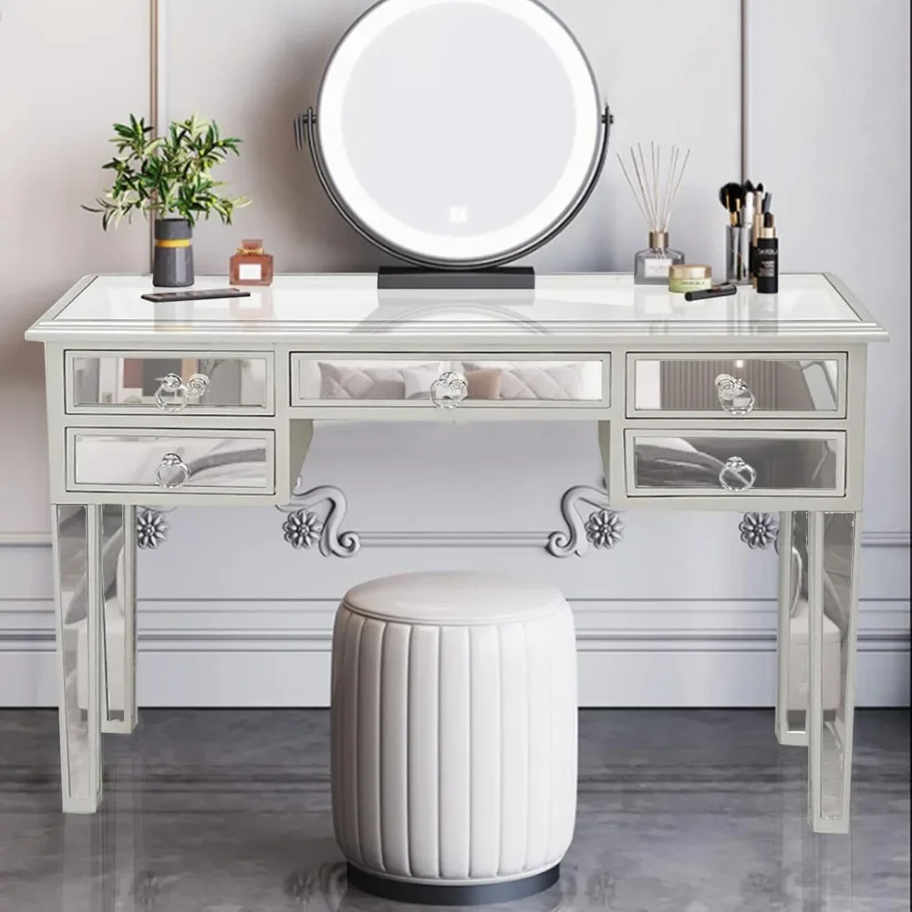 

Зеркальный туалетный столик для спальни, туалетный столик для макияжа, консольный столик, диван-стол с 5 ящиками, современный серебряный стеклянный туалетный столик