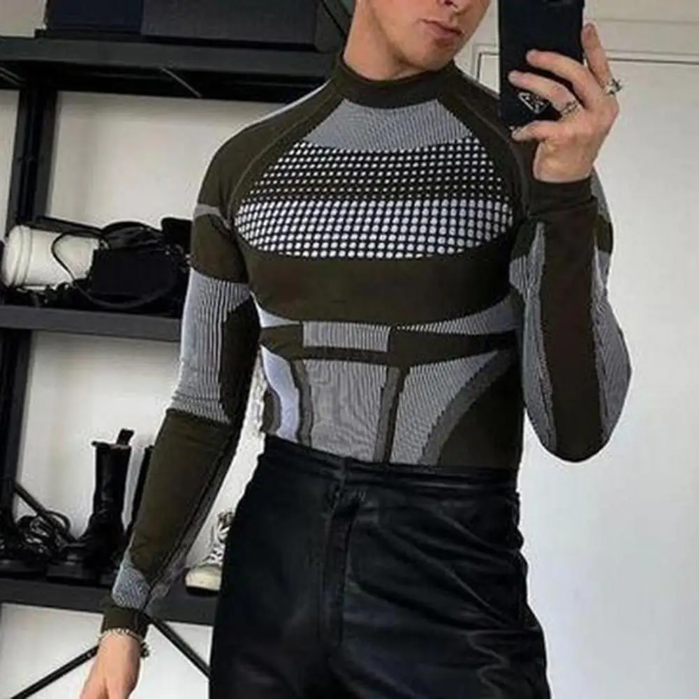 Men T-shirt Printing Patchwork Pullover Slim Fit Striped Warm Half High Collar Contrast Color Winter Base Top for Daily Wear