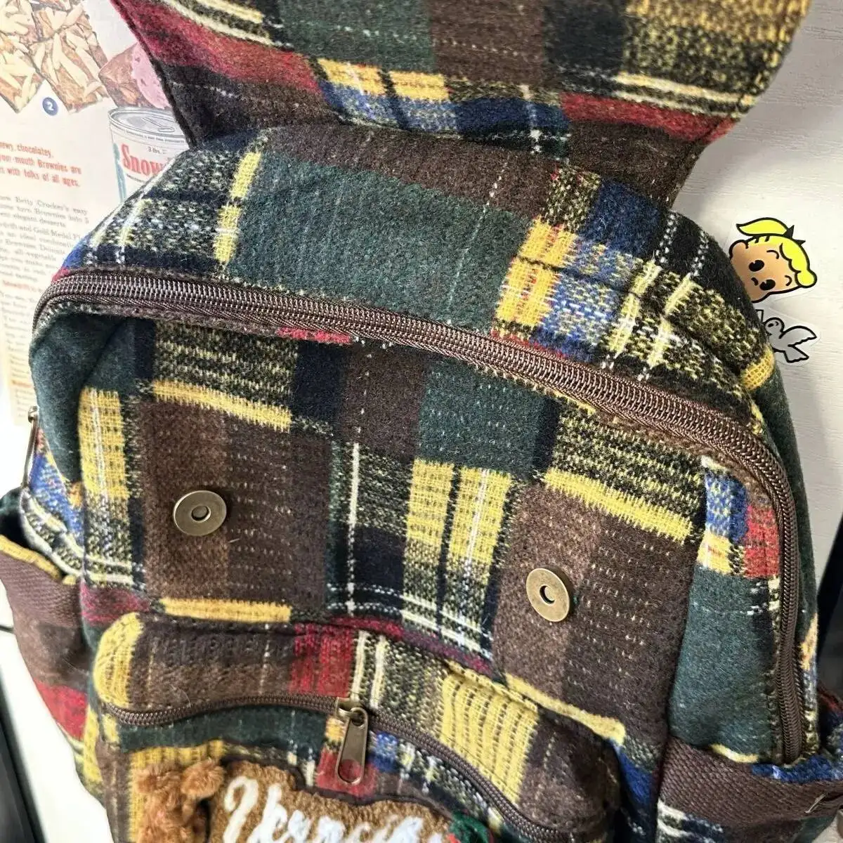 Bloom Haruku Bear Y2k Backpack Women New 2025 High Street Retro Plaid Patchwork Schoolbag Female Casual Mochila Aesthetic