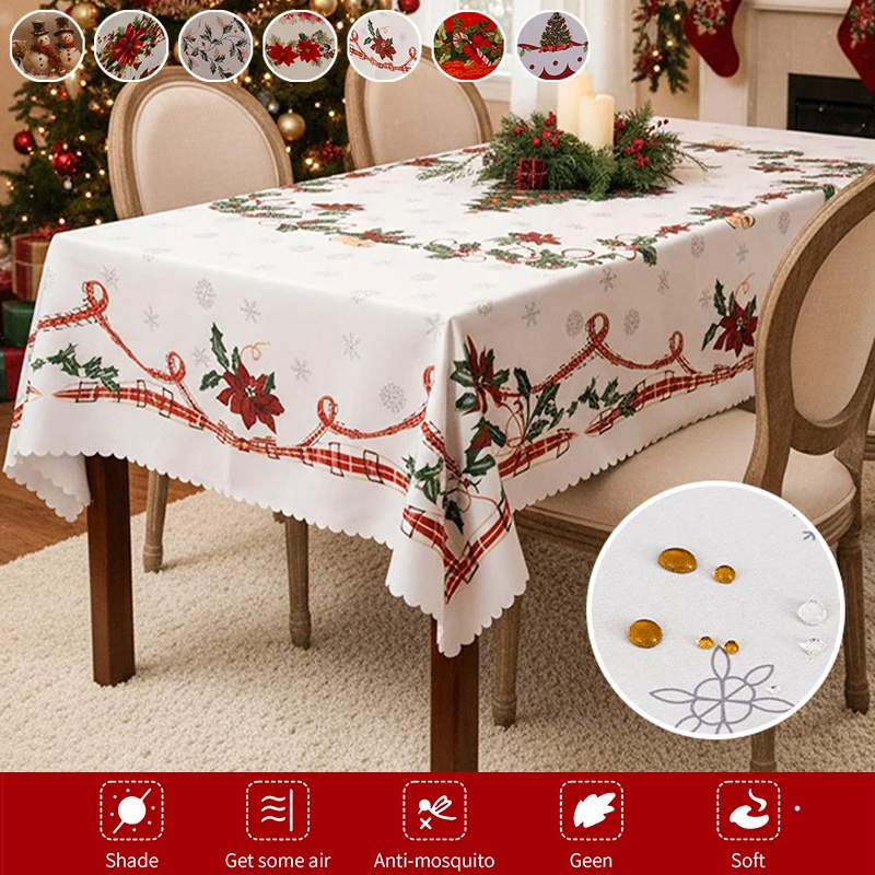 

1PC Vintage Christmas Tablecloth Poinsettia Bell Tablecover Christmas Decorations for Home 2026 Navidad Gifts Dining Table Cover