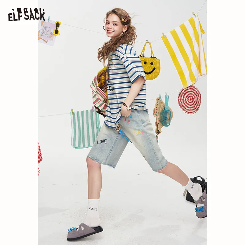ELFSACK 2025 Summer New Arrivals Striped Printed Short Sleeve Casual T-Shirt For Women