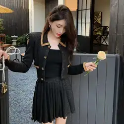JAMERARY 2023 Autumn Winter Two Piece Set For Women Crystal Diamonds Single Breasted Jackets Coats + Pleated Short Skirts Suits