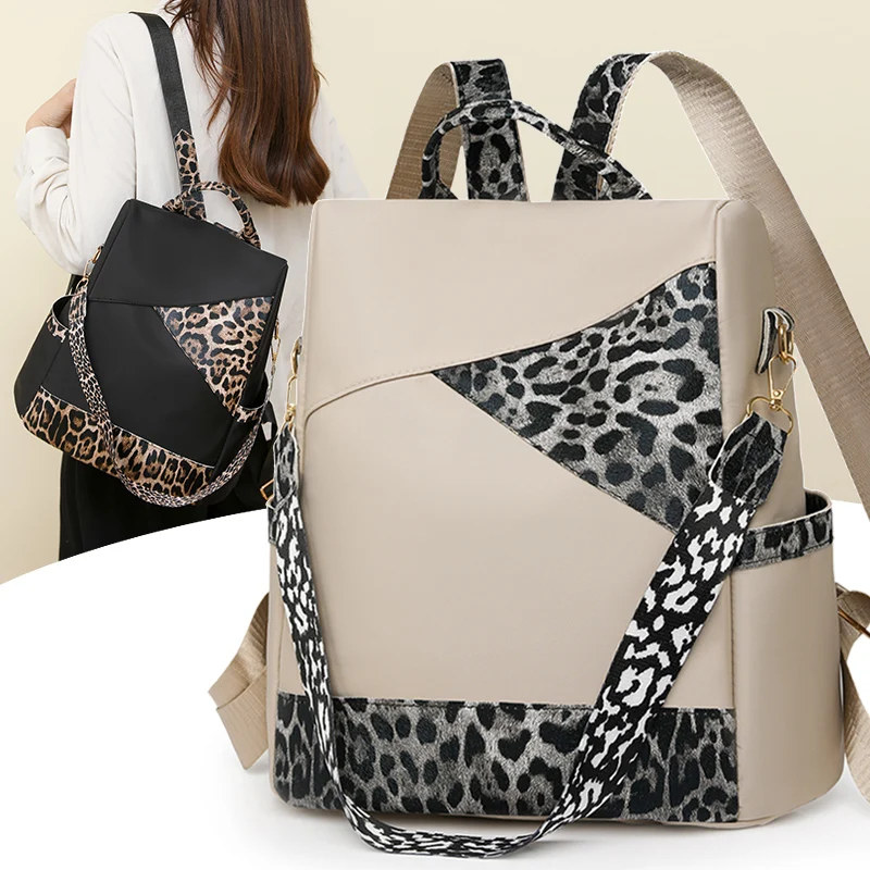 New Women's Large Capacity Leisure Backpack Fashion Leopard Pattern Color Blocking Travel Bag Female Students Computer Backpack