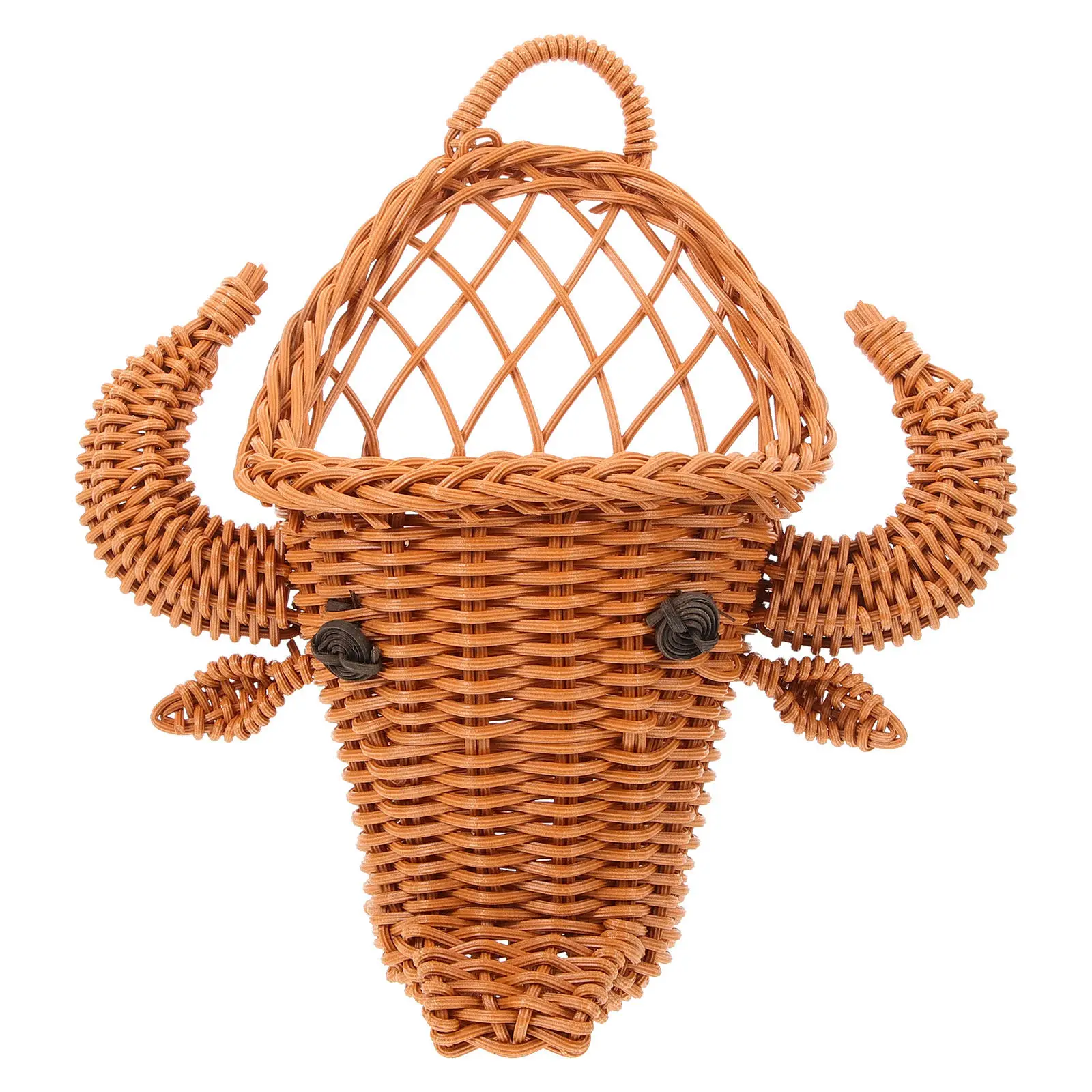 Tea-Colored Cartoon Cow Head Hanging Basket Woven PP Wall Decorative Storage Basket for Home Store Indoor Plants Flowers Kitchen